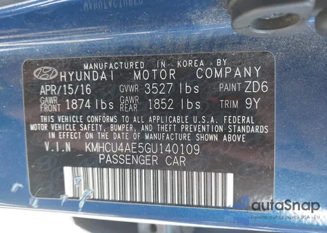 2016 Hyundai Accent Se z USA, uszkodzony, nr VIN KMHCU4AE5GU140109